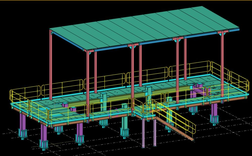 Modelado 3D de plataforma metálica con cubierta y acceso por escalera