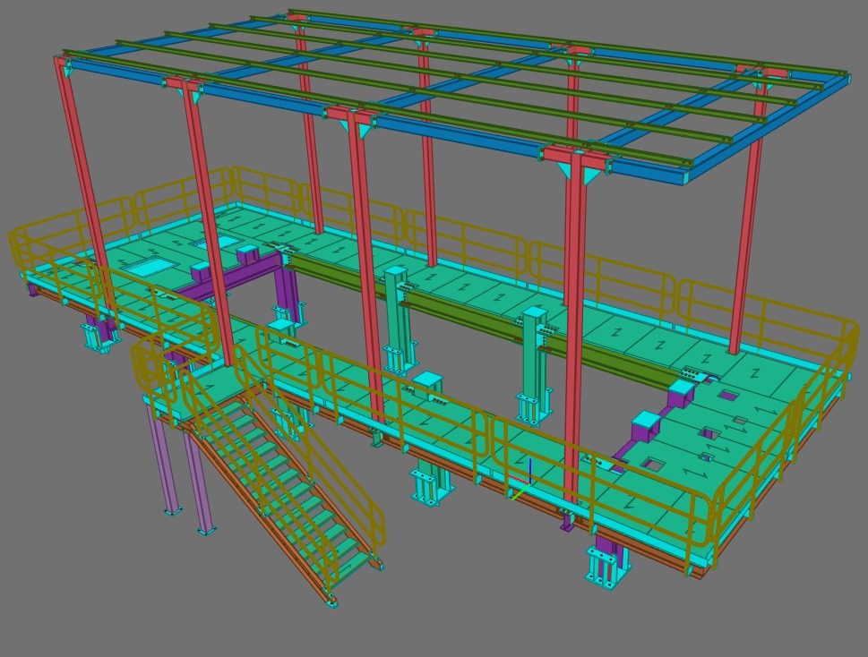 Modelo 3D de plataforma estructural de dos niveles con cubierta metálica